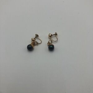 120 12k GF Earrings Faux Black Pearls Danglers‎ Vintage Rare Screw On No Marker